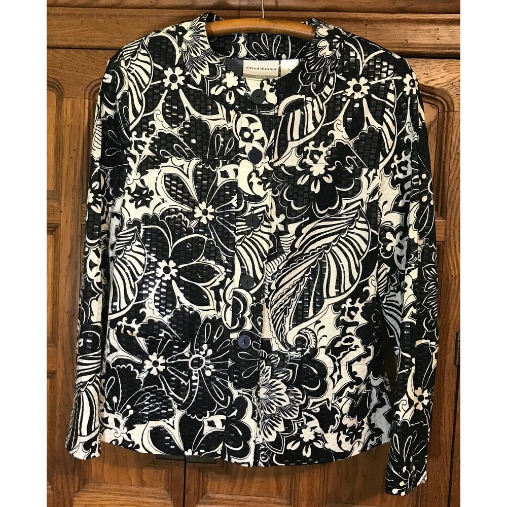 ALFRED DUNNER Women's Size 6P Jacket Button Up Black & White LS Rd Neck Pockets - Picture 2 of 12